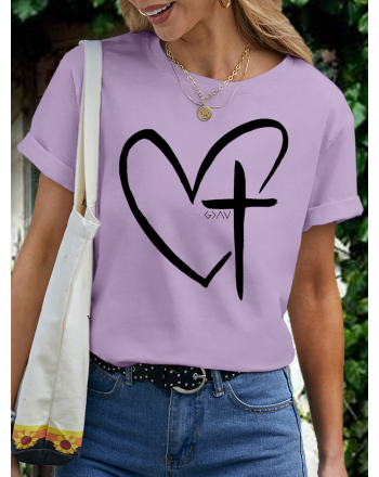 Women's Heart Cross Cotton Crew Neck Casual T-Shirt