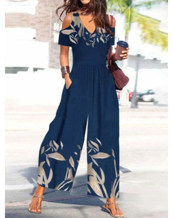 Off Shoulder Sleeve Loose Pocket Stitching Casual Jumpsuit