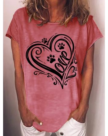 Women's Love Heart Paw Print Casual T-Shirt