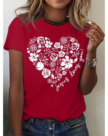 Women's Casual Floral Heart Jesus Loves You Christian Crew Neck Cotton T-Shirt