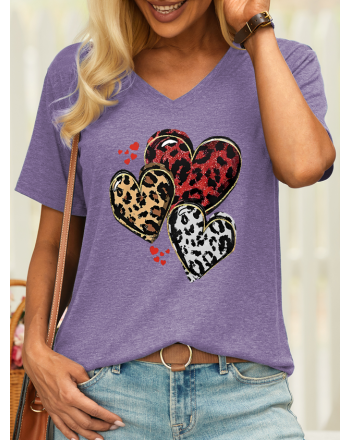 Women’s Leopard Heart V Neck Casual T-Shirt