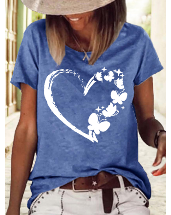 Women's Butterfly Heart Print Casual Crew Neck Letters T-Shirt