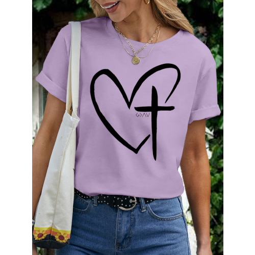 Women's Heart Cross Cotton Crew Neck Casual T-Shirt