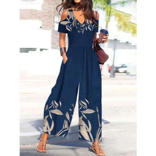 Off Shoulder Sleeve Loose Pocket Stitching Casual Jumpsuit