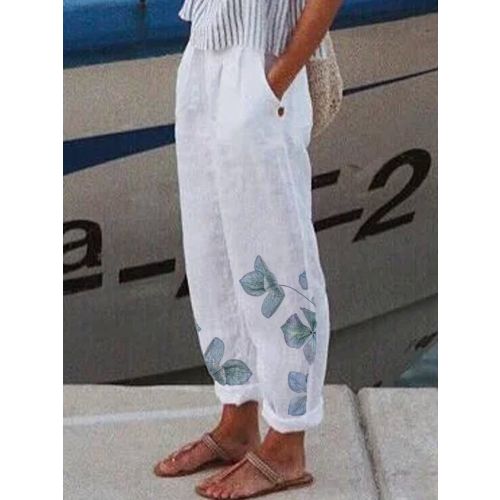 Casual Plants Print Linen Pants