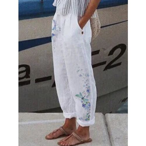 Cotton Linen Casual Summer Beach Floral Pants