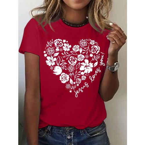 Women's Casual Floral Heart Jesus Loves You Christian Crew Neck Cotton T-Shirt