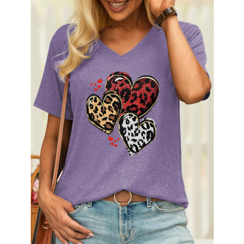 Women’s Leopard Heart V Neck Casual T-Shirt