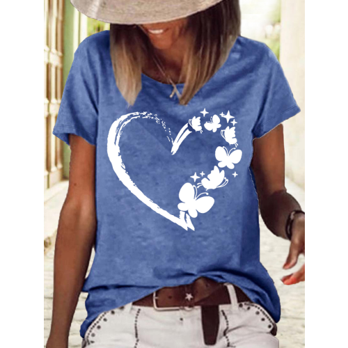 Women's Butterfly Heart Print Casual Crew Neck Letters T-Shirt